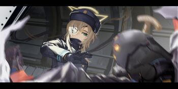 1boy 1girl aircctzillie black_coat black_gloves black_hat blue_archive coat eyepatch gloves green_eyes halo hat highres humanoid_robot kaiser_president_(blue_archive) long_sleeves one_eye_covered robot solo_focus suou_(blue_archive) train_conductor yellow_halo