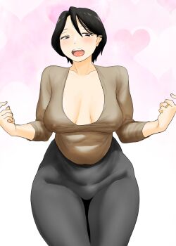 1girl black_eyes black_hair black_leggings black_pants blush breasts breasts_apart brown_shirt cleavage gradient_background hair_between_eyes haitoku_sensei leaning_forward leggings mature_female medium_breasts open_mouth original pants pink_background shirt short_hair solo standing thick_thighs thighs tight_clothes tight_pants wide_hips