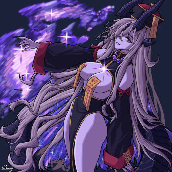 1girl absurdres arknights black_dress blonde_hair blue_eyes breasts detached_sleeves dragon_horns dragon_tail dress furauji grin hair_over_one_eye hat highres horns jiangshi_costume large_breasts long_hair necrass_(arknights) ofuda ofuda_on_nipples pasties qingdai_guanmao red_nails smile solo tail very_long_hair