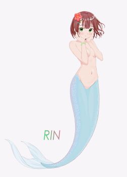 Rule 34 | 1girl, :t, absurdres, blue tail, blush, brown hair, character name, commentary request, completely nude, full body, green eyes, hands on own cheeks, hands on own face, hands up, highres, mermaid, monster girl, navel, nude, original, paid reward available, pout, revision, rinshi, short hair, solo, stomach, takamine rin (rinshi)
