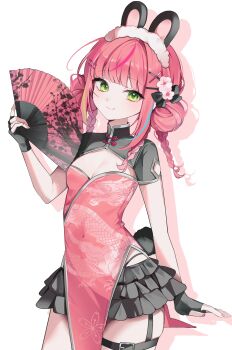 1girl absurdres animal_ears arm_at_side bada_bam black_gloves black_shrug black_skirt braid breasts china_dress chinese_clothes cleavage closed_mouth commentary covered_navel cowboy_shot double_bun dragon_print dress fake_animal_ears fingerless_gloves flower frilled_skirt frills garter_straps gloves hair_bun hair_flower hair_intakes hair_ornament hairclip hanako_nana hand_fan hand_up highres holding holding_fan medium_breasts microskirt multicolored_hair multiple_braids panty_straps paper_fan parallel_hairclips pink_dress pink_hair print_dress rabbit_ears shadow short_sleeves shrug_(clothing) simple_background skirt smile solo standing stellive strapless strapless_dress streaked_hair symbol-only_commentary thigh_strap virtual_youtuber white_background white_flower wispy_bangs x_hair_ornament