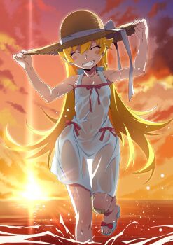 1girl arms_up bandaid bandaid_on_knee bandaid_on_leg bare_shoulders beach blush breasts brown_hat cleavage closed_eyes collarbone dress female_focus flat_chest gesugesu_ahoaho hat high_heels highres legs loli looking_at_viewer midriff miniskirt monogatari_(series) navel no_bra no_panties oshino_shinobu outdoors pink_ribbon ribbon see-through_clothes see-through_dress sexually_suggestive skirt sleeveless sleeveless_dress smile solo solo_focus stomach straw_hat sunset teeth thighs vampire wet wet_clothes wet_dress white_dress white_ribbon white_skirt