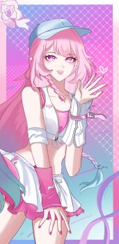 1girl aqua_hair baseball_cap blue_hat breasts caomeineng chinese_commentary commentary_request crop_top cyrene_(anta)_(honkai:_star_rail) cyrene_(demiurge)_(honkai:_star_rail) cyrene_(honkai:_star_rail) diamond-shaped_pupils diamond_(shape) gradient_background hat highres honkai:_star_rail honkai_(series) long_hair looking_at_viewer medium_breasts midriff miniskirt multicolored_hair official_alternate_costume pink_arm_warmers pink_hair pink_nails pointy_ears purple_eyes skirt solo symbol-shaped_pupils thighs two-tone_hair very_long_hair white_arm_warmers white_skirt