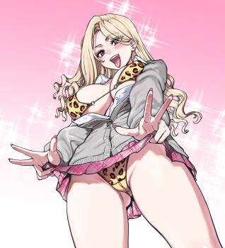 1girl absurdres animal_print blonde_hair blush bra breasts cardigan cleavage commentary_request double_w earrings fingernails from_below gradient_background grey_sweater gyaru hair_over_one_eye highres holding_own_skirt jewelry large_breasts leopard_print leopard_print_bra leopard_print_panties long_fingernails long_hair long_sleeves nail_polish open_clothes open_mouth original panties pink_background pink_eyes pink_nails pink_skirt plaid_clothes plaid_skirt pleated_skirt print_bra print_panties shirt shiwasu_no_okina skirt solo sparkle standing stud_earrings sweater teeth tongue tongue_out underwear upper_teeth_only w white_background white_shirt yellow_bra yellow_panties