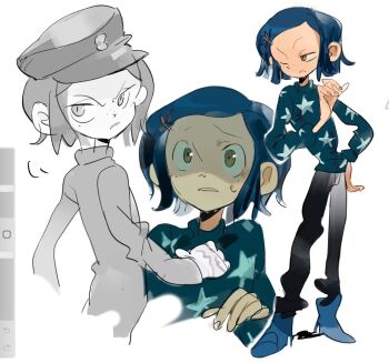 1girl arrcticc_fish art_program_in_frame blue_hair blue_sweater chinese_commentary commentary_request coraline_(movie) coraline_jones freckles green_eyes hand_on_own_hip hat highres multiple_views peaked_cap short_hair simple_background sweater turtleneck turtleneck_sweater white_background