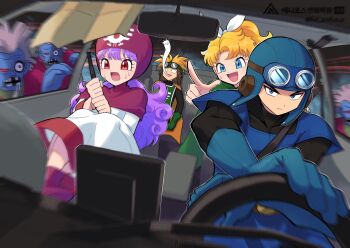 Rule 34 | 2boys, 2girls, absurdres, belt, black bodysuit, blonde hair, blue eyes, blue gloves, blue hat, blue tunic, bodysuit, boots, brother and sister, cape, car interior, car seat, closed mouth, commentary request, cousins, curly hair, dragon quest, dragon quest ii, dress, driving, ghoul (dragon quest), gloves, goggles, goggles on headwear, green tabard, hair ribbon, hat, high ponytail, highres, long hair, looking at viewer, monster, motion blur, motor vehicle, multiple boys, multiple girls, open mouth, orange cape, pink boots, pink hood, pointing, pointing forward, ponytail, prince of lorasia, prince of samantoria, princess of moonbrook, princess of samantoria, purple hair, red eyes, ribbon, robe, sawarabi (sawarabi725), siblings, sitting, spiked hair, tabard, tunic, white dress, white ribbon, white robe, zombie