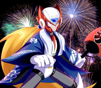 Rule 34 | aerial fireworks, android, armor, artist name, blonde hair, clenched hands, festival, festive zero (mega man), fireworks, helmet, highres, holding, japanese clothes, kimono, long hair, looking at viewer, male focus, mega man (series), mega man x (series), mega man x dive, night, ponytail, red armor, red helmet, robot, robot ears, signature, solo focus, standing, summer festival, towel, towel around neck, very long hair, wide sleeves, yukata, zero (mega man), znivans