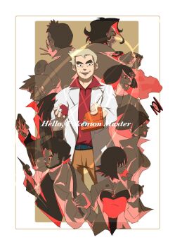3girls 5boys :d absurdres professor_sycamore professor_juniper belt professor_birch black_eyes blonde_hair border brown_background brown_pants cccacademia coat collared_shirt professor_elm english_text fennel_(pokemon) gen_2_pokemon highres holding holding_poke_ball long_sleeves mixed-language_commentary multiple_boys multiple_girls nintendo open_clothes open_coat open_mouth pants professor_ivy poke_ball poke_ball_(basic) pokedex pokemon pokemon_(anime) pokemon_(classic_anime) pokemon_bw pokemon_dppt pokemon_gsc pokemon_rgby pokemon_rse pokemon_xy red_shirt professor_rowan professor_oak shirt short_hair signature smile teeth unown upper_teeth_only white_border white_coat