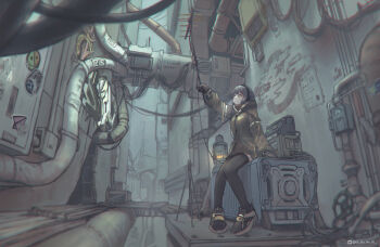 1girl absurdres alley antennae black_hair black_shoes black_thighhighs cable coat cyberpunk graffiti grey_theme headphones highres holding holding_antenna holding_cable kabanoki lantern original radio scenery shoes sitting solo thighhighs wire yellow_coat zettai_ryouiki