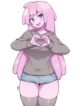 1girl blue_shorts blush_stickers breasts bright_pupils choppy_bangs colored_skin commentary commission cowboy_shot english_commentary grey_hoodie grey_thighhighs hands_up heart heart_hands highres hood hood_down hoodie large_breasts long_hair long_sleeves looking_at_viewer monster_girl oninuer open_mouth original pink_hair pink_skin purple_eyes short_shorts shorts simple_background skindentation slime_girl smile solo thick_thighs thighhighs thighs white_background white_pupils