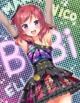 1girl :d armpits arms_up artist_name artist_request black_gloves blush breasts character_name collarbone diamond_princess_no_yuuutsu dress elbow_gloves female_focus frilled_dress frills gloves group_name hair_between_eyes hair_ribbon looking_at_viewer love_live! love_live!_school_idol_festival love_live!_school_idol_project medium_hair nishikino_maki o/ open_mouth outstretched_arms purple_eyes red_hair red_ribbon ribbon sakurai_makoto_(custom_size) screen short_hair single_strap sleeveless sleeveless_dress small_breasts smile solo sparkle sweat twitter_username