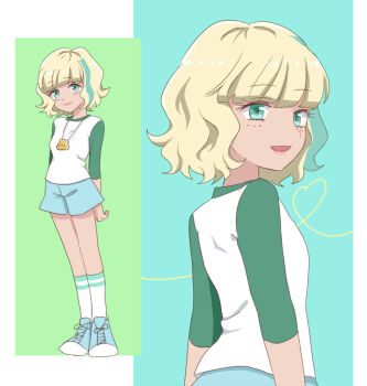 1girl blonde_hair breasts freckles jackie_lynn_thomas jewelry multicolored_hair necklace nuntaso short_hair shorts smile star_vs_the_forces_of_evil streaked_hair