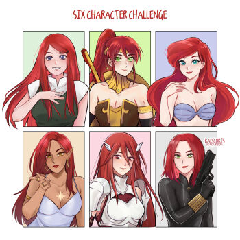 absurdres aqua_eyes ariel_(disney) armband armor artist_name bikini black_bodysuit black_widow bodysuit breastplate breasts brown_eyes bryce_quinlan cleavage color_connection commentary cordelia_(fire_emblem) crescent_city dark-skinned_female dark_skin earrings elf english_commentary fire_emblem fire_emblem_awakening green_eyes grin gun hair_between_eyes hair_color_connection hair_ornament handgun highres holding holding_gun holding_weapon hoop_earrings jewelry kalycoris large_breasts marvel medium_breasts multiple_drawing_challenge naruto_(series) natasha_romanoff nintendo pointy_ears purple_eyes pyrrha_nikos red_eyes red_hair rwby shield shoulder_armor sidelocks six_fanarts_challenge smile spaghetti_strap strapless strapless_bikini swimsuit the_little_mermaid_(disney) uzumaki_kushina wavy_hair weapon wing_hair_ornament