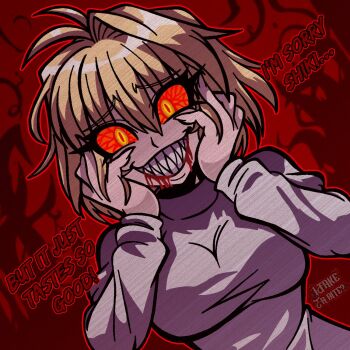 1girl ahoge arcueid_brunestud blonde_hair blood blood_from_mouth breasts colored_sclera crazy_eyes crazy_smile english_text hair_between_eyes hair_intakes hands_on_own_face highres itakeabite looking_at_viewer mystic_eyes_of_enchantment red_arcueid red_sclera sharp_teeth short_hair smile sweater teeth tsukihime turtleneck turtleneck_sweater vampire white_sweater yellow_eyes