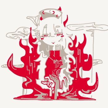 Rule 34 | 1girl, 3ma can omochi, abstract, blush stickers, closed mouth, commentary, cropped torso, dalachi (headdress), flat color, grey background, half-closed eyes, hat, highres, junko (touhou), long hair, looking at viewer, monochrome, red theme, smile, solo, straight-on, touhou