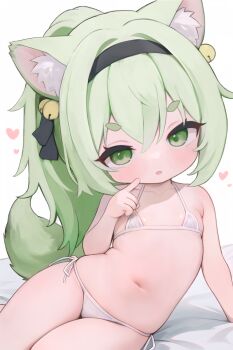 1girl alternate_costume animal_ear_fluff animal_ears arm_support azur_lane bell bikini black_hairband blush collarbone commission female_focus finger_to_cheek flat_chest fox_ears fox_girl fox_tail green_eyes green_hair hair_bell hair_between_eyes hair_ornament hairband heart highres isokaze_(azur_lane) jingle_bell leaning_to_the_side loli long_hair looking_at_viewer micro_bikini navel parted_lips ponytail sa_ka_(sakanoya) short_eyebrows side-tie_bikini_bottom sitting skeb_commission solo stomach swimsuit tail thick_eyebrows white_background white_bikini yokozuwari