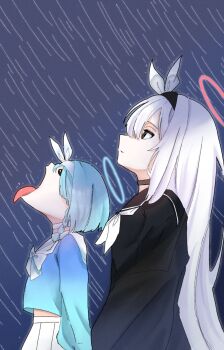 2girls 966_kururu_966 arm_at_side arona_(blue_archive) black_choker black_coat black_eyes black_hairband black_serafuku black_skirt blue_archive blue_hair blue_halo blue_shirt bow bowtie braid choker closed_mouth coat commentary cowboy_shot expressionless from_side goku_and_vegeta_in_the_rain_(meme) hair_bow hairband halo highres long_hair looking_up meme multiple_girls neckerchief open_clothes open_coat open_mouth outdoors plana_(blue_archive) profile rain red_halo school_uniform serafuku shirt short_hair single_braid skirt straight_hair symbol-only_commentary tongue tongue_out very_long_hair white_bow white_bowtie white_choker white_hair white_hairband white_neckerchief white_skirt