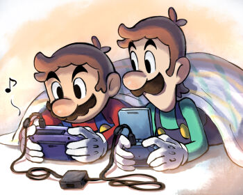 2boys black_eyes blue_overalls brothers brown_hair eighth_note facial_hair game_boy_advance game_boy_advance_(original) game_boy_advance_sp gloves green_shirt handheld_game_console holding holding_handheld_game_console long_sleeves luigi lying male_focus mario mario_&amp;_luigi_rpg mario_(series) masanori_sato_(style) multiple_boys musical_note mustache nintendo no_headwear official_style on_stomach overalls red_shirt shirt short_hair siblings under_covers upper_body very_short_hair white_gloves yamari_(ya_mari_6363)