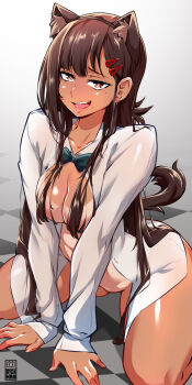 1girl alternate_skin_color animal_ears bayeuxman bottomless breasts brown_eyes brown_hair cat_ears chainsaw_man dark-skinned_female dark_skin fake_animal_ears feet_out_of_frame functionally_nude gradient_background hair_ornament higashiyama_kobeni highres kneeling medium_breasts mole mole_under_eye mole_under_mouth open_mouth shirt smile tail tan tanline