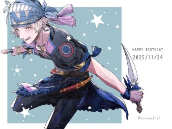 1boy arm_up bead_necklace beads black_jacket black_pants blue_background blue_ribbon border brown_eyes commentary_request dagger dated dual_wielding final_fantasy final_fantasy_vi grey_hair happy_birthday headscarf holding holding_dagger holding_knife holding_weapon jacket jewelry knife locke_cole male_focus necklace nnnmmg0725 pants parted_bangs ribbon sash shirt short_hair solo tongue tongue_out twintails waist_sash weapon white_border white_shirt