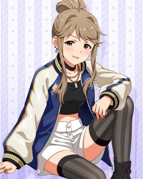 1girl black_thighhighs brown_eyes brown_hair commentary_request earrings fingernails game_cg hair_bun heart heart_earrings idolmaster idolmaster_million_live! idolmaster_million_live!_theater_days jacket jewelry knee_up letterman_jacket long_sleeves looking_at_viewer nail_polish necklace official_alternate_costume official_art open_clothes open_jacket orange_nails ring shorts sidelocks single_hair_bun sitting solo striped_clothes striped_thighhighs sukajan_gyarus_(idolmaster) tenkuubashi_tomoka thighhighs third-party_source vertical-striped_clothes vertical-striped_thighhighs white_shorts