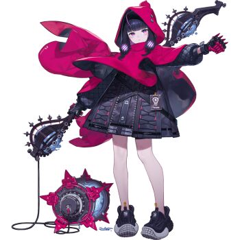 1girl arknights ball_and_chain_(weapon) bare_legs belt black_belt black_gloves black_hair black_jacket blunt_bangs blush cloak closed_mouth expressionless fish_girl floating_cape full_body gloves holding holding_staff holding_weapon hood hood_up jacket kuroboshi_kouhaku legs_apart looking_at_viewer low-tied_sidelocks multicolored_hair nishikiori_sarasa_(arknights) official_art outstretched_arm purple_eyes purple_hair red_cloak red_hood shoes sidelocks simple_background sneakers solo staff standing streaked_hair tachi-e third-party_source transparent_background two-sided_cloak two-sided_fabric weapon