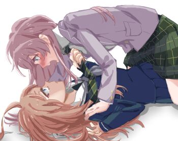 Rule 34 | bang dream!, bang dream! it's mygo!!!!!, blue eyes, blue shirt, blue skirt, blush, brown hair, chihaya anon, clothes grab, commentary, green necktie, green skirt, grey eyes, grey jacket, hand on another's shoulder, haneoka school uniform, hashtag-only commentary, highres, jacket, karakuzu mygo, long hair, nagasaki soyo, necktie, necktie grab, neckwear grab, open mouth, pink hair, plaid clothes, plaid skirt, pleated skirt, school uniform, shirt, simple background, skirt, straddling, tsukinomori school uniform, white background, white shirt, yuri