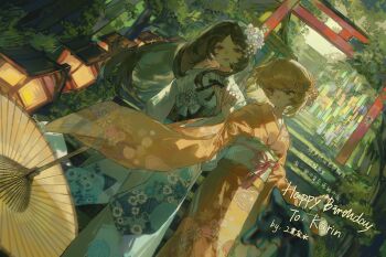 2girls absurdres artist_name blonde_hair brown_eyes brown_hair commission day floral_print flower gongye_feishui hair_ornament happy_birthday highres holding holding_umbrella japanese_clothes kimono leaf long_sleeves looking_at_viewer makeup medium_hair mihuashi_commission multiple_girls obi orange_flower orange_umbrella original outdoors rouge_(makeup) sash smile stairs torii tree umbrella white_flower wide_sleeves