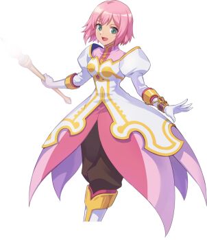 1girl alpha_transparency artist_request baggy_pants boots breasts brown_pants collared_dress cowboy_shot dress estellise_sidos_heurassein gloves green_eyes high_collar holding holding_staff juliet_sleeves knee_boots long_sleeves looking_at_viewer medium_breasts medium_dress nexon official_art open_mouth pants pink_dress pink_hair puffy_sleeves second-party_source short_hair solo staff tales_of_(series) tales_of_vesperia tales_weaver three-quarter_sleeves tongue white_boots white_dress white_gloves white_sleeves wrist_guards yellow_trim