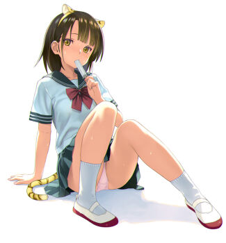 1girl animal_ear_hairband animal_ears arm_support averting_eyes bare_legs black_sailor_collar black_skirt blunt_bangs bow bowtie brown_eyes brown_hair commentary_request eating fake_animal_ears food food_in_mouth hairband holding holding_food holding_popsicle knees_together_feet_apart knees_up koutaro legs medium_hair original panties pantyshot pink_panties pleated_skirt popsicle popsicle_in_mouth red_bow red_bowtie sailor_collar school_uniform serafuku shoes short_sleeves sitting skirt socks solo sweat tail tiger_ears tiger_tail underwear white_background white_serafuku white_shoes white_socks