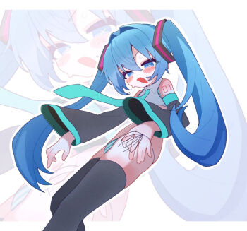 Rule 34 | 1girl, aqua necktie, banananosongen, black thighhighs, blue eyes, blue hair, feet out of frame, hair intakes, hair ornament, hatsune miku, long hair, long sleeves, looking at viewer, necktie, no pants, open mouth, panties, shirt, side-tie panties, sleeveless, sleeveless shirt, solo, striped clothes, striped panties, thighhighs, twintails, underwear, very long hair, vocaloid, wide sleeves, zoom layer