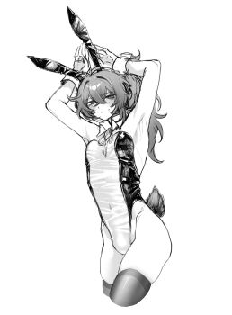 1boy animal_ears armpits arms_up blush closed_mouth commentary_request crossdressing crossdressing_(mtf) detached_collar diluc_(genshin_impact) embarrassed fake_animal_ears genshin_impact greyscale hair_between_eyes highres long_hair looking_at_viewer male_focus male_playboy_bunny monochrome rabbit_ears rabbit_tail screentones simple_background skindentation solo tail thighhighs thighs white_background wrist_cuffs zehuij