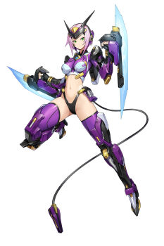 1girl absurdres armor breasts commentary_request commission energy_sword fingerless_gloves forehead_protector full_body gloves green_eyes high_heels highres holding holding_weapon looking_at_viewer mecha_musume mechanical_tail medium_breasts midriff mytea_(soso) navel original pink_hair short_hair skeb_commission solo sword tail thighhighs very_short_hair weapon white_background