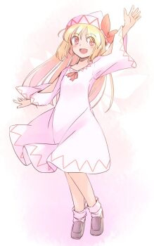 1girl :d arm_cutout arm_up blonde_hair blush bow clothing_cutout commentary_request dress fairy fairy_wings grey_shoes hat hat_bow lily_white long_hair long_sleeves one-hour_drawing_challenge open_mouth rangycrow red_bow red_eyes shoes sideways_glance smile socks solo touhou waving white_dress white_hat white_socks wings