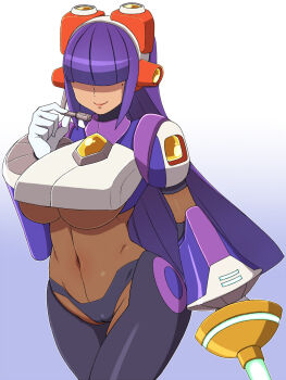 1girl android blunt_bangs blush breasts cameltoe closed_mouth cowboy_shot dark-skinned_female dark_skin female_focus gloves gradient_background hair_over_eyes headgear highres hime_cut hip_focus holding holding_weapon konboi-eg large_breasts layer_(mega_man) lipstick long_hair makeup mega_man_(series) mega_man_x8 mega_man_x_(series) midriff mole mole_under_eye navel purple_hair robot_ears smile solo underboob weapon white_gloves