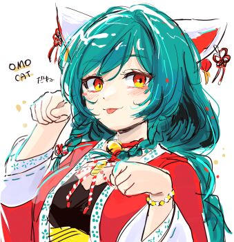 1girl :3 animal_ears aqua_hair bead_bracelet beads bell black_shirt blush blush_stickers bracelet braid braided_sidelocks breasts cat_ears cat_girl character_name closed_mouth coat commentary_request from_below hair_between_eyes hands_up highres indie_virtual_youtuber jewelry jingle_bell long_hair long_sleeves looking_at_viewer medium_breasts multicolored_eyes omocat_(character) open_clothes open_coat paw_pose rasu_(pixiv9799832) red_coat red_eyes shirt simple_background single_hair_intake solo swept_bangs tongue tongue_out translation_request tri_braids two-tone_eyes upper_body virtual_youtuber white_background