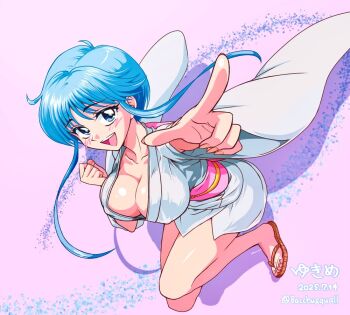alternate_breast_size_(larger) arm_up artist_name bacchusquall blue_eyes blue_hair breasts character_name cleavage collarbone commentary covered_erect_nipples dated dutch_angle full_body hand_up japanese_clothes jigoku_sensei_nube kimono large_breasts long_sidelocks obi open_mouth pink_sash pointing pointing_at_viewer sandals sash short_hair short_kimono sidelocks smile teeth thighs twitter_username upper_teeth_only white_kimono wide_sleeves yukime_(jigoku_sensei_nube) zouri
