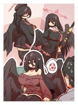 Rule 34 | 1boy, 1girl, beret, black hair, black wings, blue archive, breasts, cleavage, egg, feathered wings, gun, halo, hasumi (blue archive), hat, highres, large breasts, long hair, mabufuyo, pink background, rifle, simple background, tagme, weapon, wings