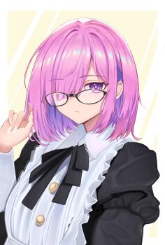 1girl absurdres apron black_dress breasts commentary_request dress fate/grand_order fate_(series) glasses hair_over_one_eye highres kaworu13 large_breasts long_sleeves looking_at_viewer mash_kyrielight neck_ribbon pink_hair purple_eyes ribbon short_hair solo white_apron