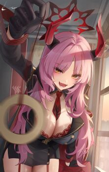 1girl :d absurdres bent_over black_gloves blue_archive blurry breasts cleavage commentary_request couch demon_girl demon_horns depth_of_field detached_collar eyes_visible_through_hair fangs garter_belt gloves half_gloves halo highres holding holding_pendulum holding_string horns hypnosis indoors large_breasts long_hair long_sleeves looking_at_viewer luenar military military_uniform mind_control mole mole_on_breast necktie on_couch open_mouth parted_bangs pencil_skirt pendulum pink_hair pov reaching reaching_towards_viewer satsuki_(blue_archive) side_slit sidelocks signature skirt smile solo string window yellow_eyes