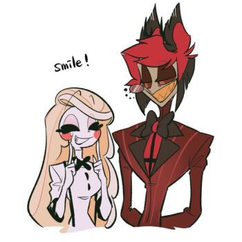 Rule 34 | 1boy, 1girl, alastor (hazbin hotel), arms behind back, blonde hair, charlie morningstar, colored sclera, commentary request, english text, formal clothes, grin, hazbin hotel, height difference, hellaverse, long hair, monocle, red eyes, red sclera, sharp teeth, short hair, simple background, smile, suit, teeth, torikago 0226, white background