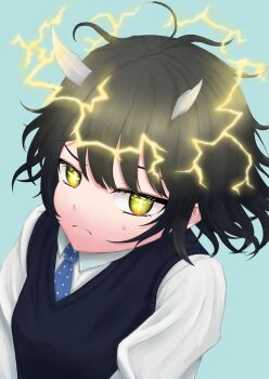 1girl ahoge aoki_ruri black_eyes black_hair black_sweater blue_background bow bowtie breasts dragon_horns electricity highres horns light_blush long_hair looking_at_viewer medium_breasts ruridragon school_uniform shirt simple_background solo sweat sweater white_shirt