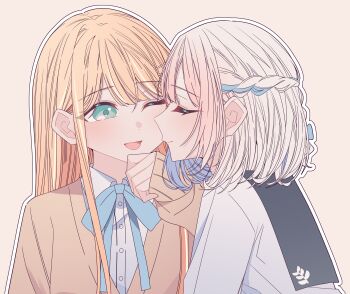 Rule 34 | 2girls, absurdres, black sailor collar, blue ribbon, blush, braid, cardigan, closed eyes, closed mouth, collared shirt, commentary request, gakuen idolmaster, green eyes, hair ribbon, half up braid, highres, idolmaster, katsuragi lilja, kousaka 0v0, long hair, medium hair, multiple girls, neck ribbon, one eye closed, open mouth, orange background, orange cardigan, orange hair, ribbon, ribbon braid, sailor collar, school uniform, shirt, shiun sumika, simple background, smile, upper body, white hair, white shirt, yuri