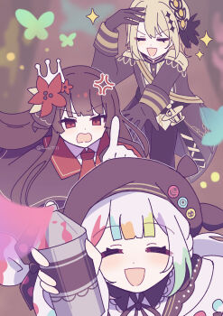 3girls :d ^_^ absurdres anger_vein annoyed artist_painter beret black_gloves black_hair black_jacket black_ribbon blonde_hair blunt_bangs bug butterfly closed_eyes commentary_request crown epaulettes flower gloves hair_flower hair_ornament hasumi_leia hat highres holding holding_spray_can index_finger_raised insect jacket jogasaki_noah long_hair long_sleeves magical_girl mahou_shoujo_no_majo_saiban multicolored_hair multiple_girls neck_ribbon necktie nikaido_hiro open_mouth pointing pointing_at_another red_eyes red_flower red_necktie ribbon runa_(runa7733) scolding short_hair smile spray_can spraying streaked_hair white_hair