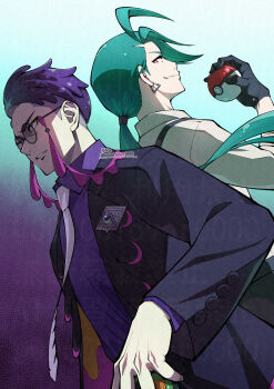 04sora40 1boy 1girl ahoge black-framed_eyewear black_gloves black_jacket collared_shirt commentary_request corbeau_(pokemon) dusk_ball earrings glasses gloves green_hair hand_up highres holding holding_poke_ball jacket jewelry necktie nintendo open_clothes open_jacket poke_ball poke_ball_(basic) pokemon pokemon_legends:_z-a pokemon_sv ponytail purple_hair purple_shirt rika_(pokemon) round_eyewear shirt short_hair smile teeth white_necktie