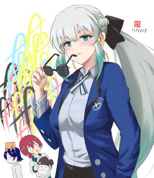 3girls absurdres amate_yuzuriha black_bow black_hair bow breasts cosplay dated dress fate/grand_order fate_(series) green_eyes gundam gundam_gquuuuuux highres long_hair morgan_le_fay_(fate) multiple_girls nyaan_(gundam_gquuuuuux) open_mouth ponytail red_hair robot role_playing roleplay school_uniform short_hair simple_background sunglasses sunglasses_removed surprised tetsu_no_samurai very_long_hair voice_actor_connection white_background