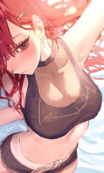 1girl absurdres akane_lize arm_up armpits belt belt_buckle black_choker black_shorts black_sports_bra blurry_edges breasts buckle cf_sdg choker closed_mouth collarbone commentary commentary_request cowboy_shot cross cross_earrings ear_focus earrings english_commentary eyelashes glint grey_eyes hair_between_eyes hair_ornament highres jewelry korean_commentary large_breasts long_bangs long_hair mole mole_under_eye no_shirt parted_bangs red_hair short_shorts shorts solo sports_bra stellive stomach virtual_youtuber