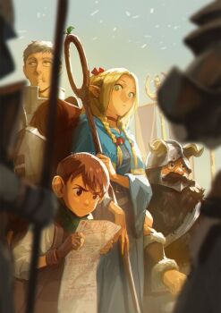 1girl 3boys ambrosia_(dungeon_meshi) armor beard beard_over_mouth belt black_eyes black_hair blonde_hair blue_capelet blue_robe braid brown_eyes brown_gloves brown_hair capelet chilchuck_tims choker dungeon_meshi dwarf elf facial_hair fake_horns fingerless_gloves gloves green_eyes hair_ribbon halfling helmet highres holding holding_paper holding_staff hood hooded_capelet horned_helmet horns laios_touden large_ears leather_armor long_beard marcille_donato multiple_boys multiple_braids mustache neck_warmer paper plate_armor pointy_ears puffy_cheeks red_ribbon ribbon robe senshi_(dungeon_meshi) sprout spykeee staff thick_mustache very_long_beard yellow_eyes