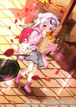 1girl aged_down animal_bag backpack bag baguette bear_bag black_hair blue_hair bow bread closed_mouth copyright_notice double_bun food footwear_bow fruit gradient_hair grey_hair grey_skirt hair_bun hair_ornament holding holding_bag holding_paper hood hooded_jacket jacket long_hair mandarin_orange multicolored_hair official_art orange_hair outdoors pantyhose paper pico_(p_i_c_o) pink_bow pink_jacket pink_shoes plaid_clothes plaid_skirt randoseru red_eyes red_petals shoes skirt solo sparkle white_pantyhose wooden_box yith_(z/x) z/x