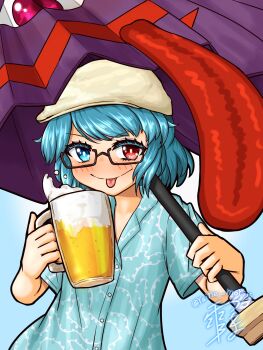 alcohol beer beer_mug blue_eyes blue_hair blue_shirt buttons cosplay cup hat heterochromia highres holding holding_cup holding_umbrella karakasa_obake light_blush long_tongue mug no_nose polo_shirt raine_moriya red_eyes shirt short_sleeves tatara_kogasa tongue tongue_out touhou twitter_username umbrella zun zun_(cosplay)